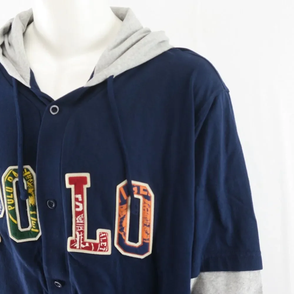 Ralph Lauren Polo Sweatshirt Mens 2XB Blue Hooded Baseball Jersey Shirt Spellout